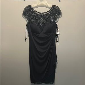 Navy Ruched Embellished Sheath Mini Dress